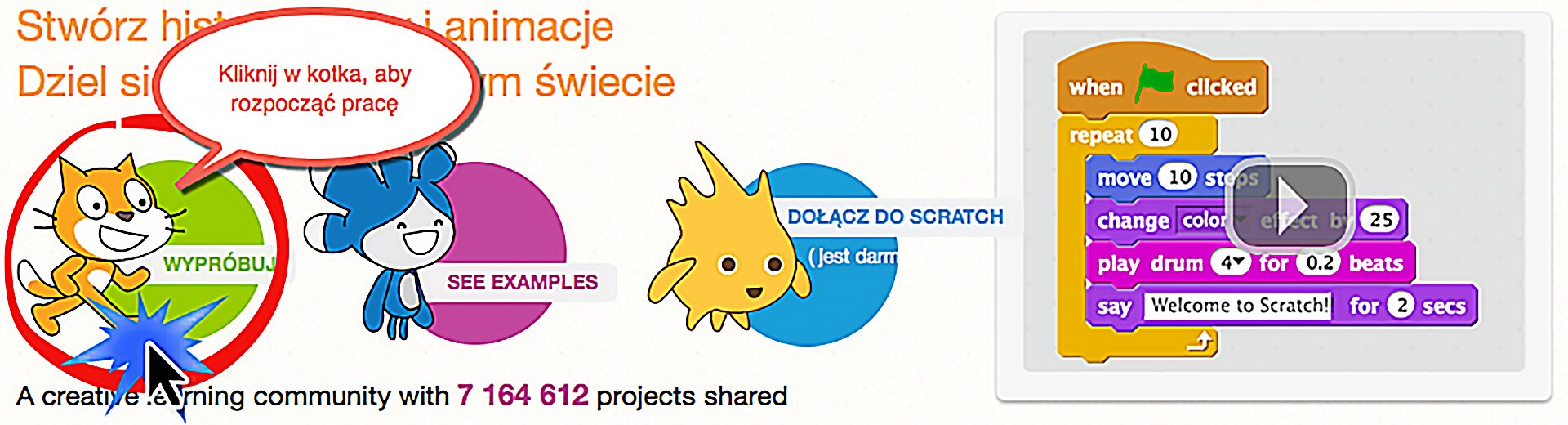 Zrzut okna startowego środowiska Scratch