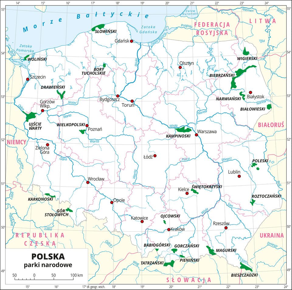 Mapa Polski z oznaczonymi na zielono parkami narodowymi.