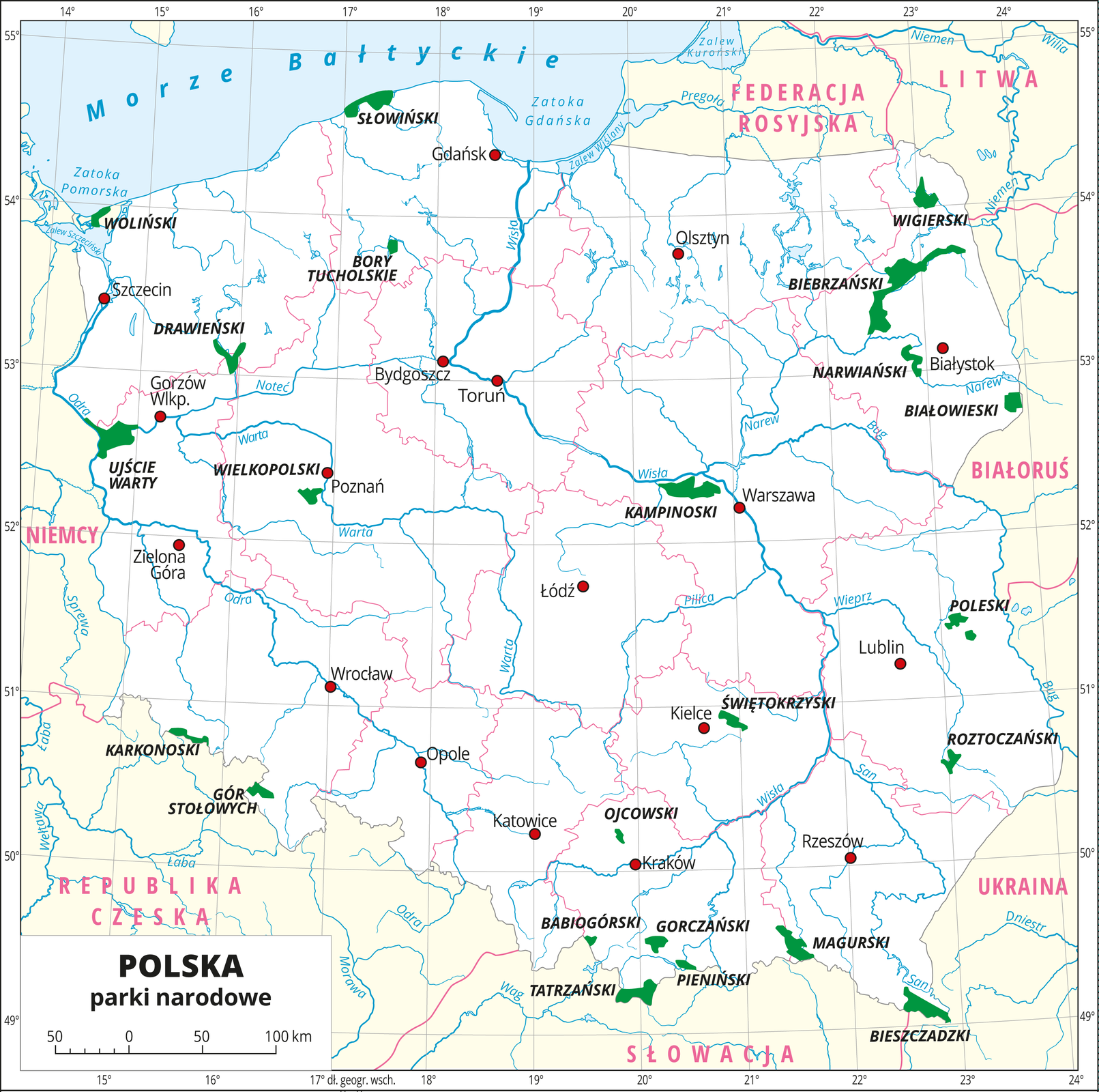 Mapa Polski z oznaczonymi na zielono parkami narodowymi.
