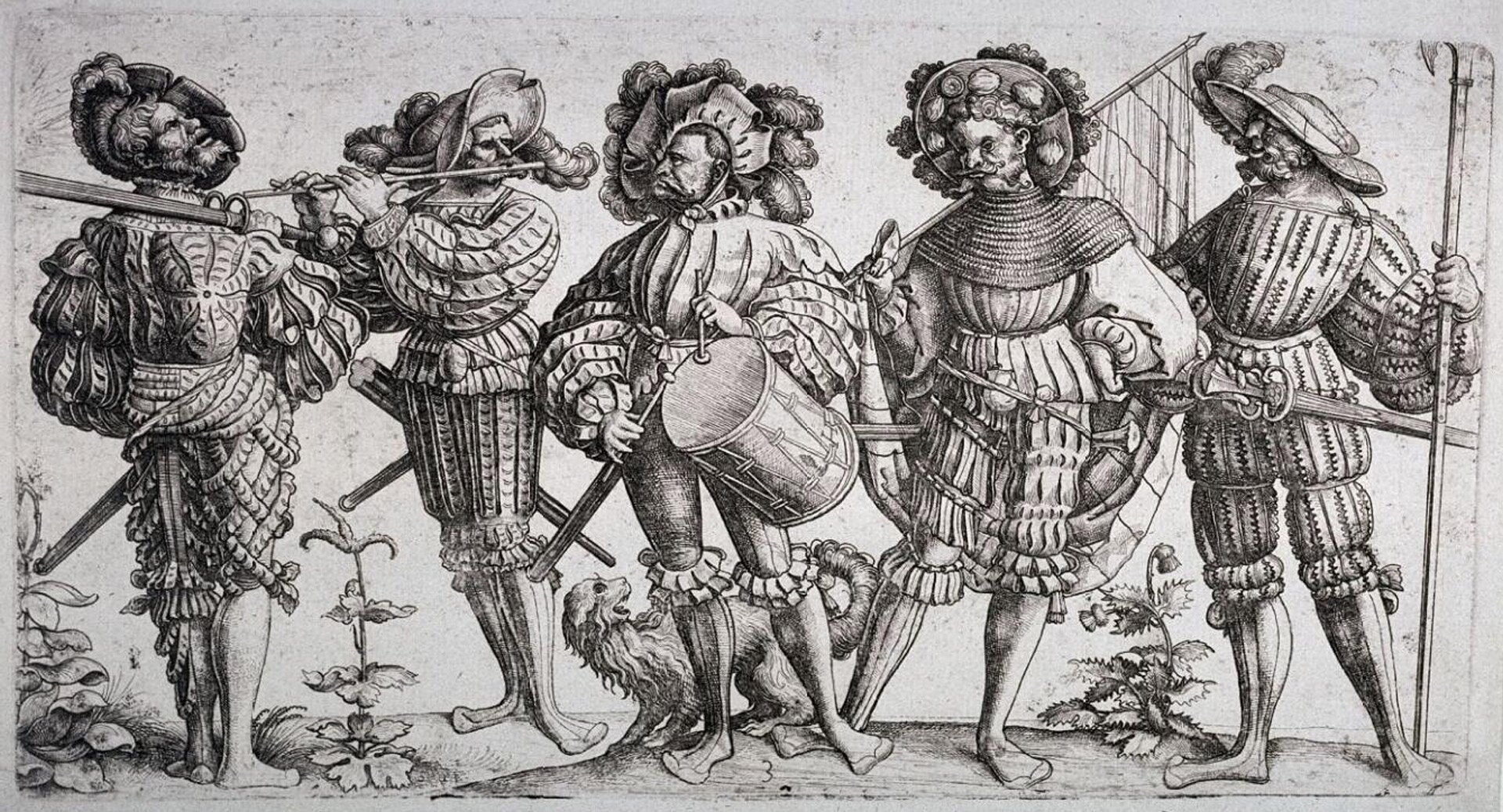 Pięciu landsknechtów Źródło: Daniel Hopfer, Pięciu landsknechtów, ok. XVI w., miedzioryt, domena publiczna.