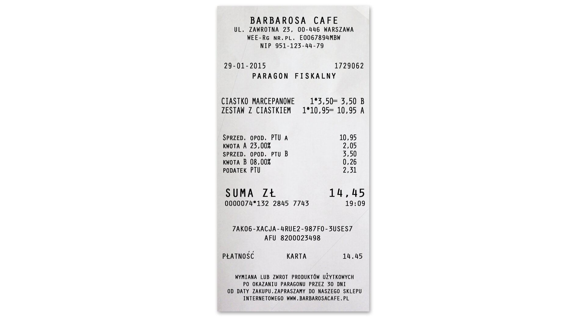 Rysunek paragonu fiskalnego. Zakupiono ciastko marcepanowe za 3,50 oraz zestaw z ciastkiem 10,95. Koszt zakupów 14,45.