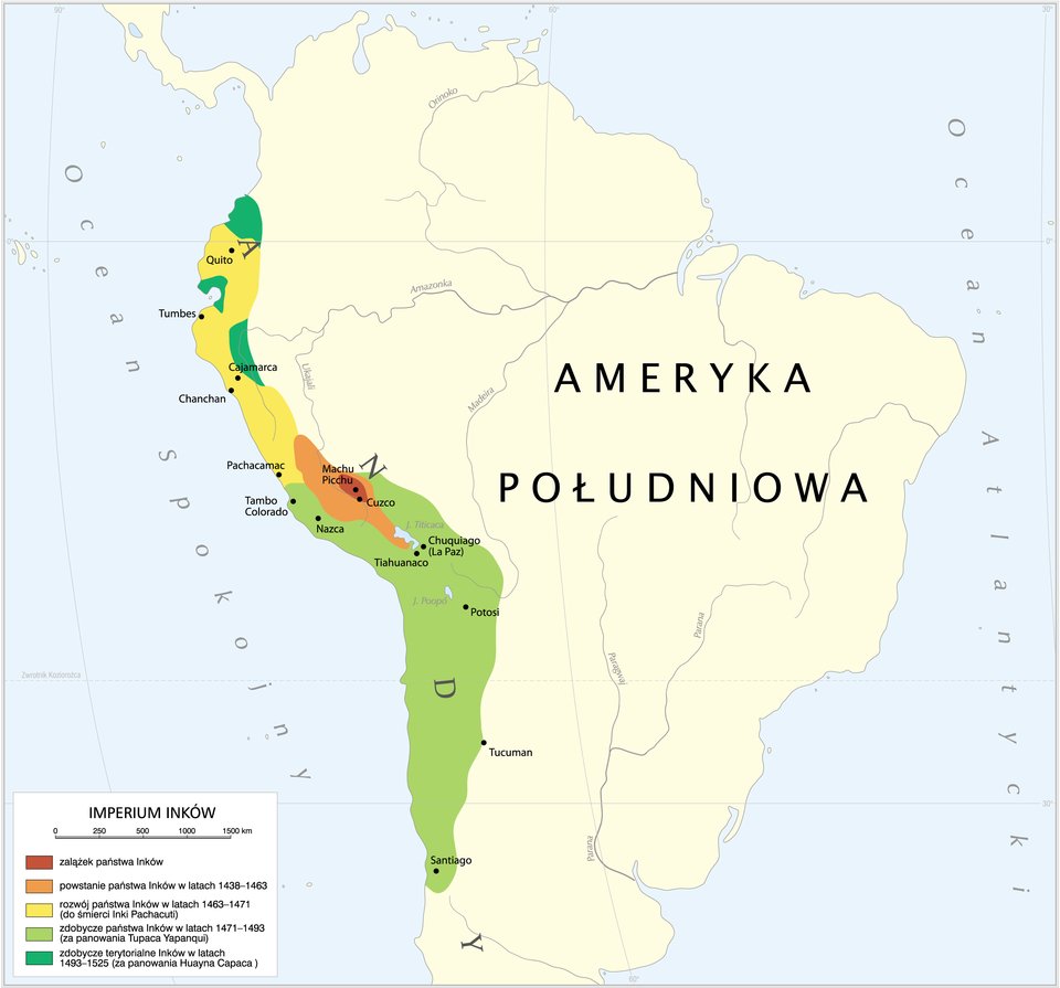 Mapa imperium Inków z podziałem na lata podbojów poszczególnych terenów Mapa imperium Inków z podziałem na lata podbojów poszczególnych terenów Źródło: Krystian Chariza i zespół, licencja: CC BY 4.0.