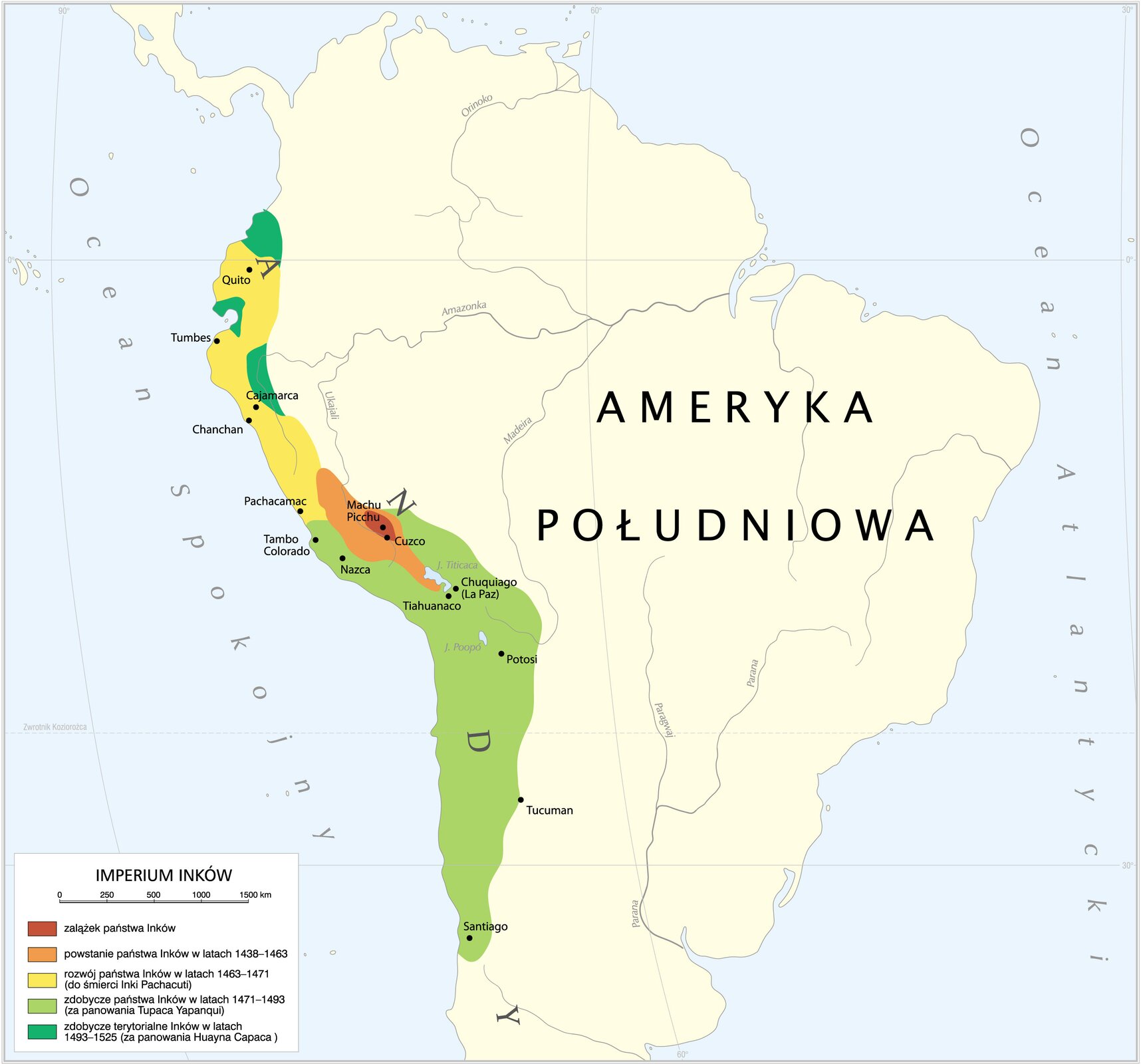 Mapa imperium Inków z podziałem na lata podbojów poszczególnych terenów Mapa imperium Inków z podziałem na lata podbojów poszczególnych terenów Źródło: Krystian Chariza i zespół, licencja: CC BY 4.0.