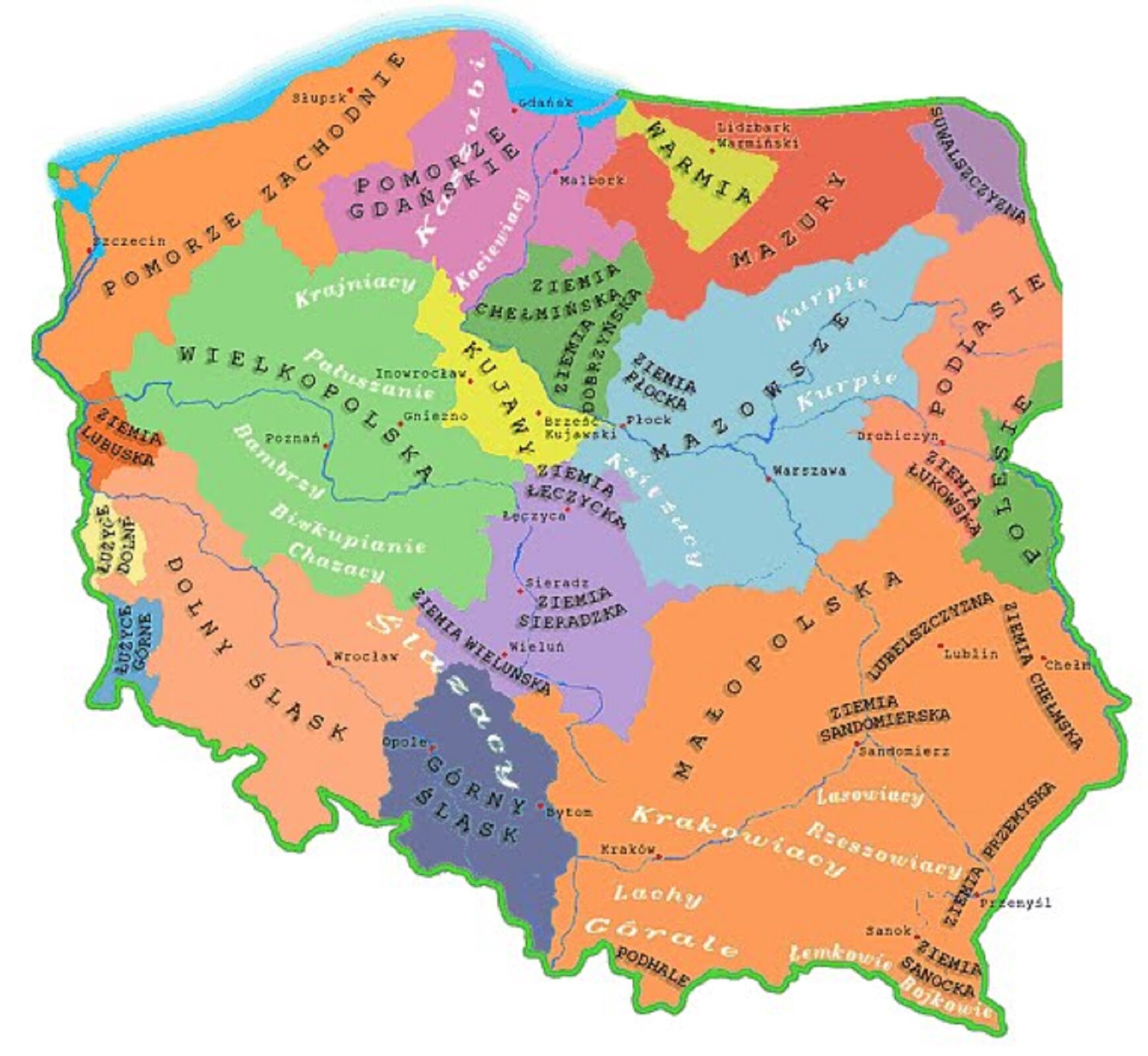 Ilustracja przedstawia mapę z folklorystycznymi regionami Polski. Poszczególne regiony wyróżnione są kolorami. Na północy: Pomorze Zachodnie, Pomorze Gdańskie, Warmia, Mazury, Suwalszczyzna. Niżej: Ziemia Lubuska, Wielkopolska, Kujawy, Ziemia Chełmińska, Mazowsze, Podlasie. W centrum: Ziemia Sieradzka, Na południu: Dolny Śląsk, Górny Śląsk, Małopolska. W Małopolsce zaznaczone mniejsze regiony: Podhale, Ziemia Sandomierska, Lubelszczyzna, Ziemia CHełmska, Ziemia Przemyska, ZIemia Sanocka.