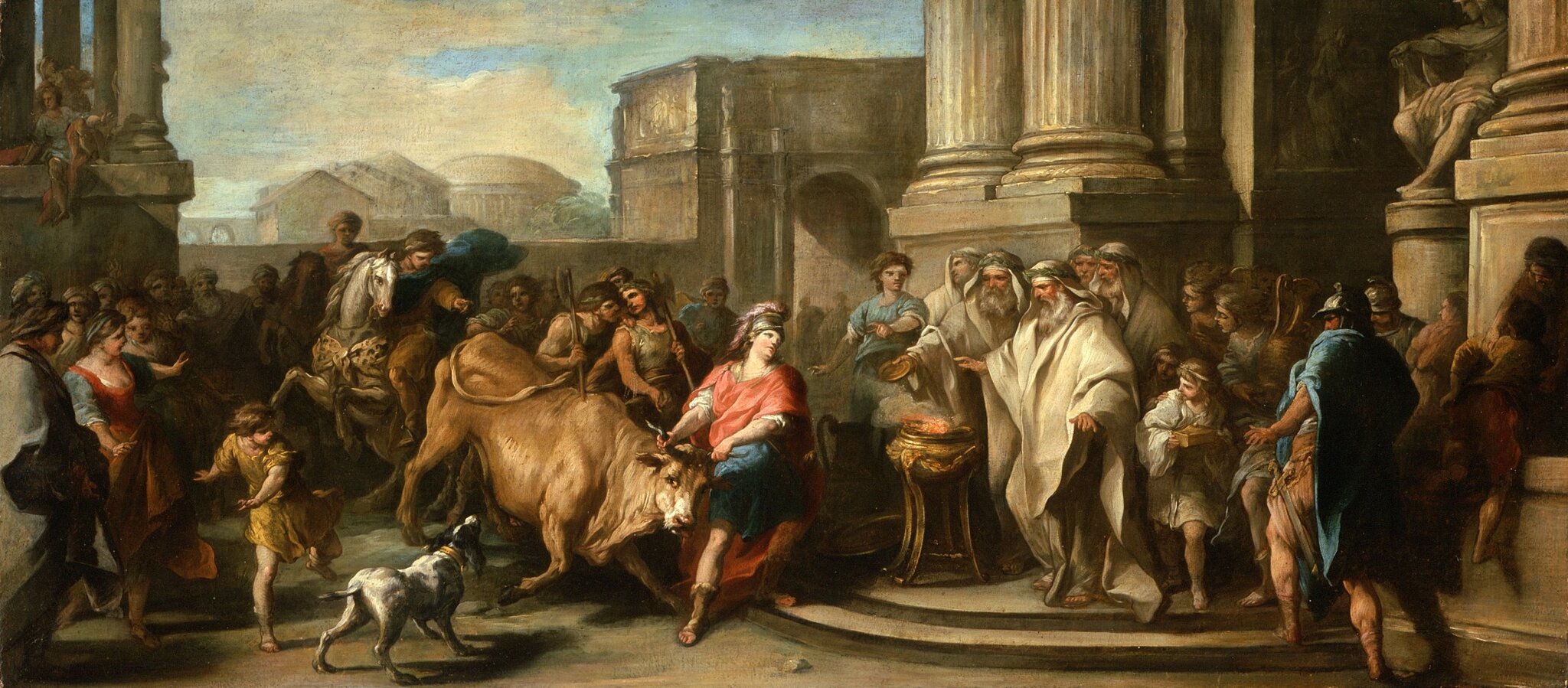 Tezeusz ujarzmiający maratońskiego byka Źródło: Charles-André Vanloo, Tezeusz ujarzmiający maratońskiego byka, ok. 1730, olej na płótnie, Los Angeles County Museum of Art, domena publiczna.