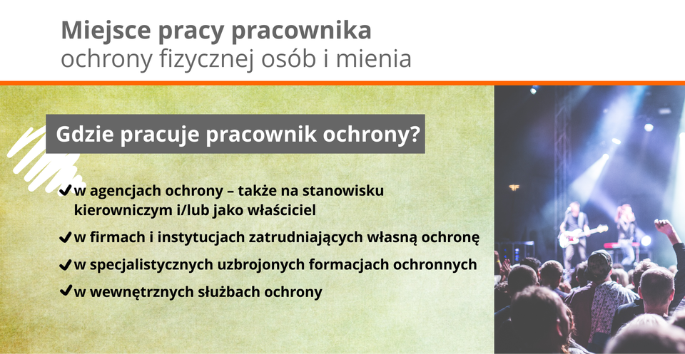 Ilustracja przedstawia miejsca pracy pracownika ochrony fizycznej osób i mienia.