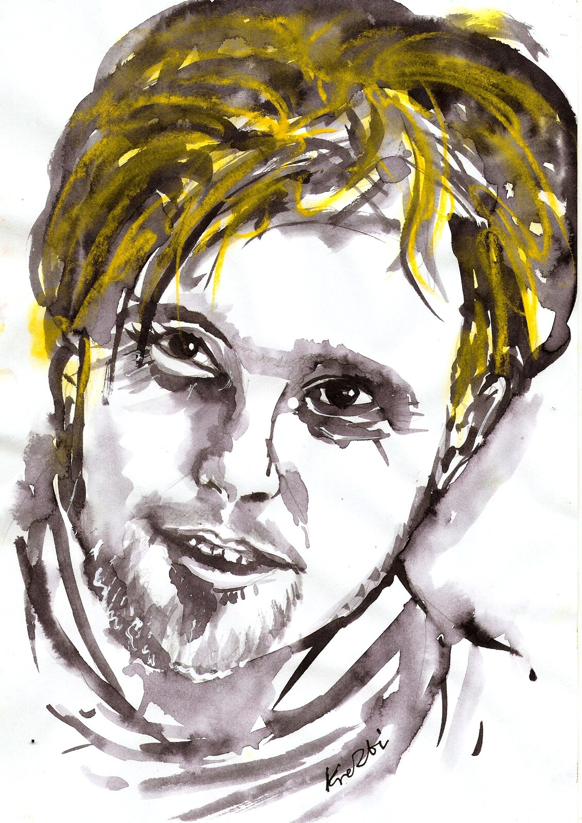 Ilustracja przedstawia portret polskiego muzyka Krzysztofa Komede autorstwa Zbigniewa Kresowatego.