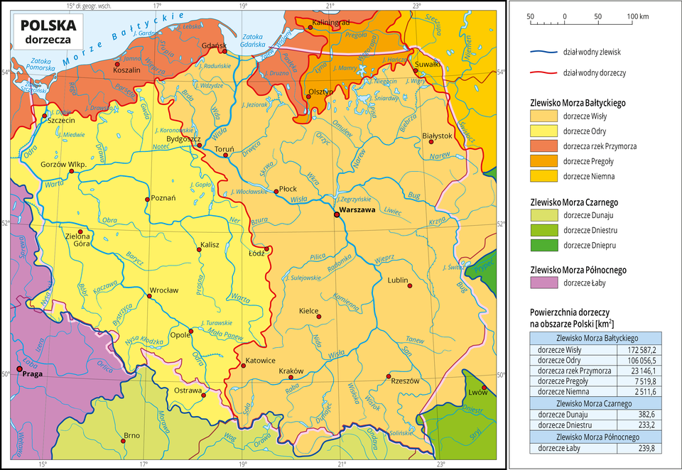 Ilustracja przedstawia mapę Polski. Na mapie granatową linią zaznaczono dział wodny zlewisk Morza Bałtyckiego, Morza Czarnego i Morza Północnego. Linia ta przebiega wzdłuż południowej granicy Polski w dużej mierze całkowicie się z nią pokrywając. Kolorami oznaczono powierzchnie dorzeczy rzek na obszarze poszczególnych zlewisk. Kolory żółte i pomarańczowe obejmują zlewisko Morza Bałtyckiego czyli dorzecze Wisły, Odry, Pregoły, Niemna i rzek Przymorza i zajmują centralną oraz północną część mapy. Kolory zielone obejmują zlewisko Morza Czarnego czyli dorzecze Dunaju, Dniestru i Dniepru i obejmują południową część mapy oraz niewielkie obszary w rejonie wschodniej granicy Polski. Kolorem fioletowym oznaczono zlewisko Morza Północnego, które na mapie pokrywa się z dorzeczem Łaby. Czerwoną linią przedstawiono działy wodne dorzeczy. Czerwonymi kropkami zaznaczono miasta wojewódzkie. Opisano rzeki i jeziora. Po prawej stronie mapy w legendzie umieszczono w pionie dziewięć kolorowych prostokątów, które opisano nazwami dorzeczy. Poniżej podano tabelę z informacjami na temat wielkości powierzchni poszczególnych dorzeczy.