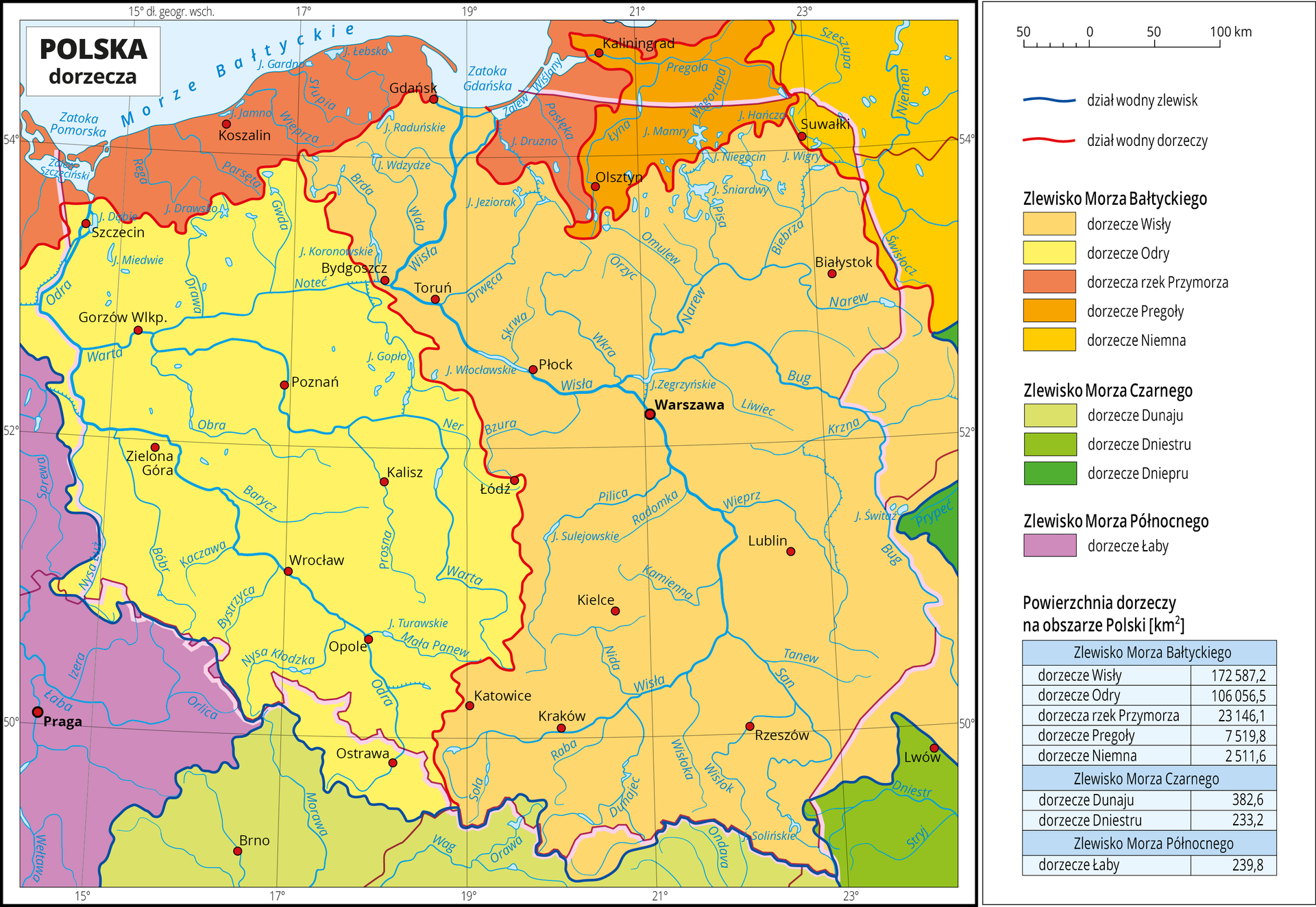 Ilustracja przedstawia mapę Polski. Na mapie granatową linią zaznaczono dział wodny zlewisk Morza Bałtyckiego, Morza Czarnego i Morza Północnego. Linia ta przebiega wzdłuż południowej granicy Polski w dużej mierze całkowicie się z nią pokrywając. Kolorami oznaczono powierzchnie dorzeczy rzek na obszarze poszczególnych zlewisk. Kolory żółte i pomarańczowe obejmują zlewisko Morza Bałtyckiego czyli dorzecze Wisły, Odry, Pregoły, Niemna i rzek Przymorza i zajmują centralną oraz północną część mapy. Kolory zielone obejmują zlewisko Morza Czarnego czyli dorzecze Dunaju, Dniestru i Dniepru i obejmują południową część mapy oraz niewielkie obszary w rejonie wschodniej granicy Polski. Kolorem fioletowym oznaczono zlewisko Morza Północnego, które na mapie pokrywa się z dorzeczem Łaby. Czerwoną linią przedstawiono działy wodne dorzeczy. Czerwonymi kropkami zaznaczono miasta wojewódzkie. Opisano rzeki i jeziora. Po prawej stronie mapy w legendzie umieszczono w pionie dziewięć kolorowych prostokątów, które opisano nazwami dorzeczy. Poniżej podano tabelę z informacjami na temat wielkości powierzchni poszczególnych dorzeczy.