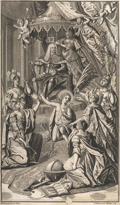 Alegoryczne przedstawienie koronacji Karola VII Wittelsbacha na cesarza w 1742 r. – grafika współczesna Alegoryczne przedstawienie koronacji Karola VII Wittelsbacha na cesarza w 1742 r. – grafika współczesna Źródło: domena publiczna.
