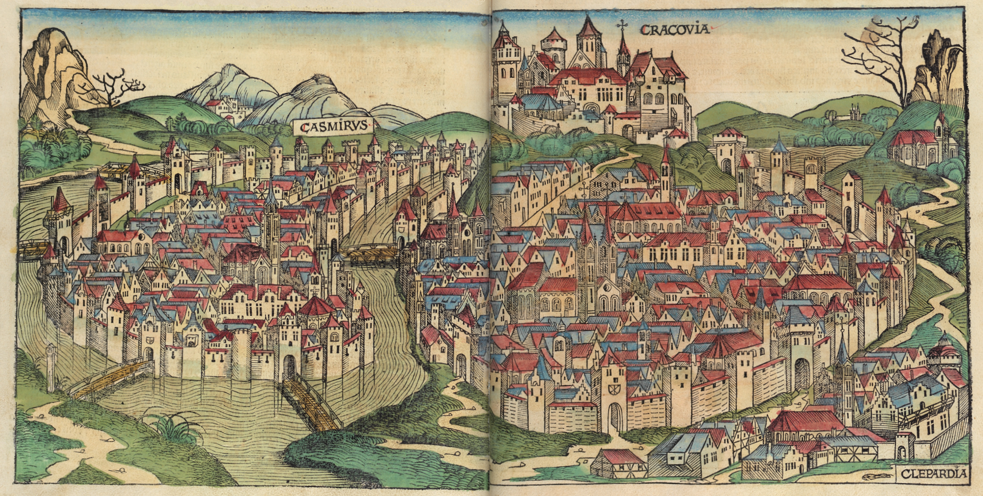 Widok Krakowa w Kronice Schedla z 1493 r. Kolorowany drzeworyt z tzw. Kroniki Schedla wydanej w Norymberdze w 1493 r. – autorami ryciny byli: Michel Wolgemut, Wilhelm Pleydenwurff Źródło: Wilhelm Pleydenwurff, Michel Wolgemut, Widok Krakowa w Kronice Schedla z 1493 r., 1493, domena publiczna.