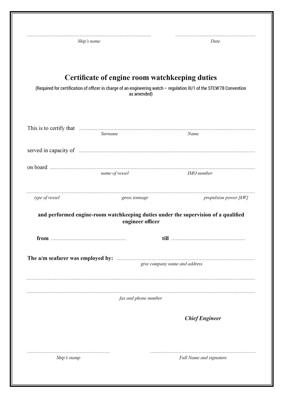 The document presents a certificate of engine room watchkeeping duties. Dokument przedstawia zaświadczenie o pełnieniu wachty maszynowej.