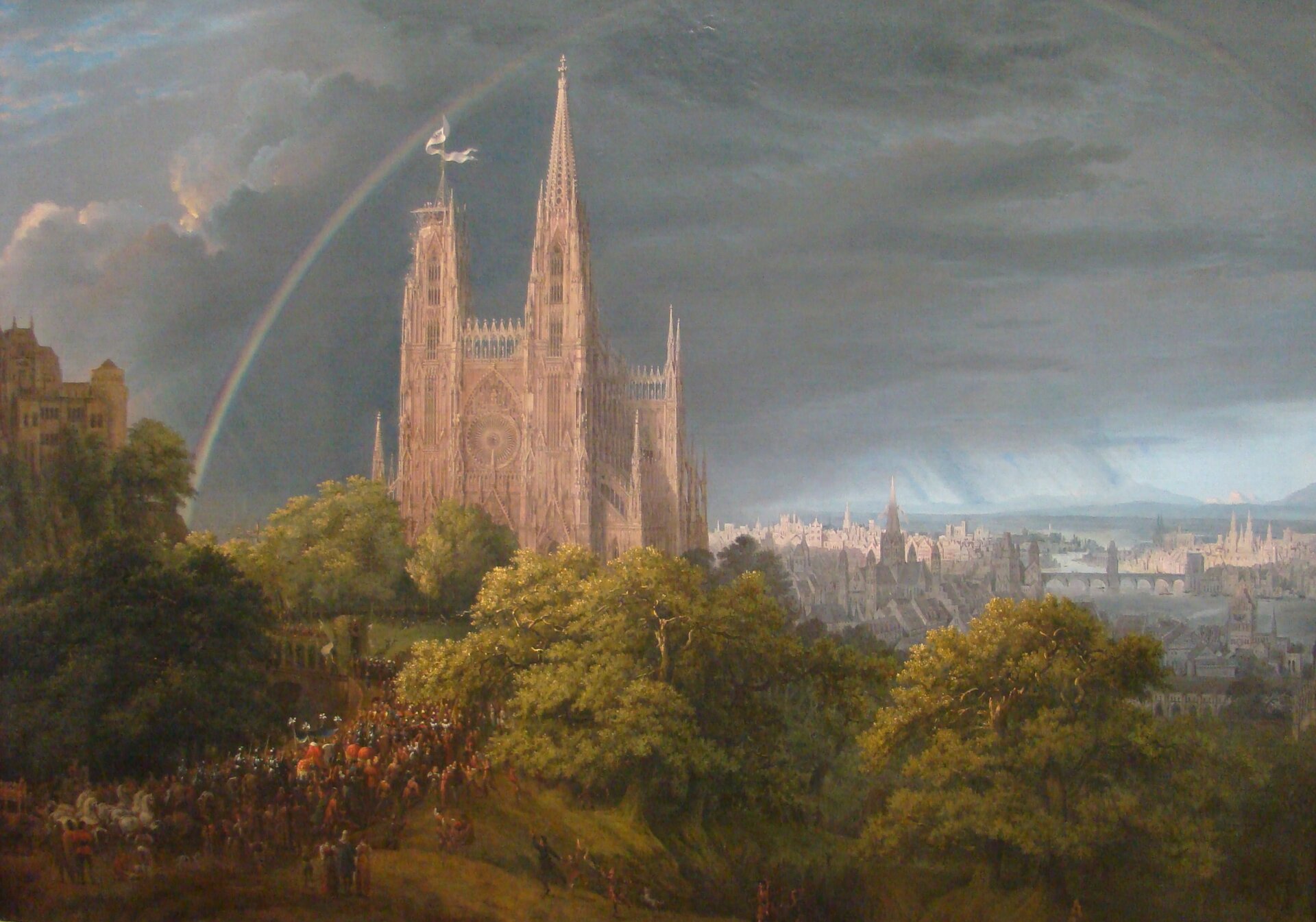 Średniowieczne miasto nad rzeką 2. Źródło: Karl Friedrich Schinkel, Średniowieczne miasto nad rzeką, 1815, olej na płótnie, Staatliche Museen zu Berlin, domena publiczna.
