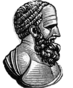 Ilustracja przedstawia rysunek Hipparcha z Nikei. Widoczny prawy profil. Mężczyzna w wieku ok. 50 lat. Włosy kręcona, broda długa gęsta. Czoło wysokie. Nos długi, prosty, „rzymski”. Uszy małe.