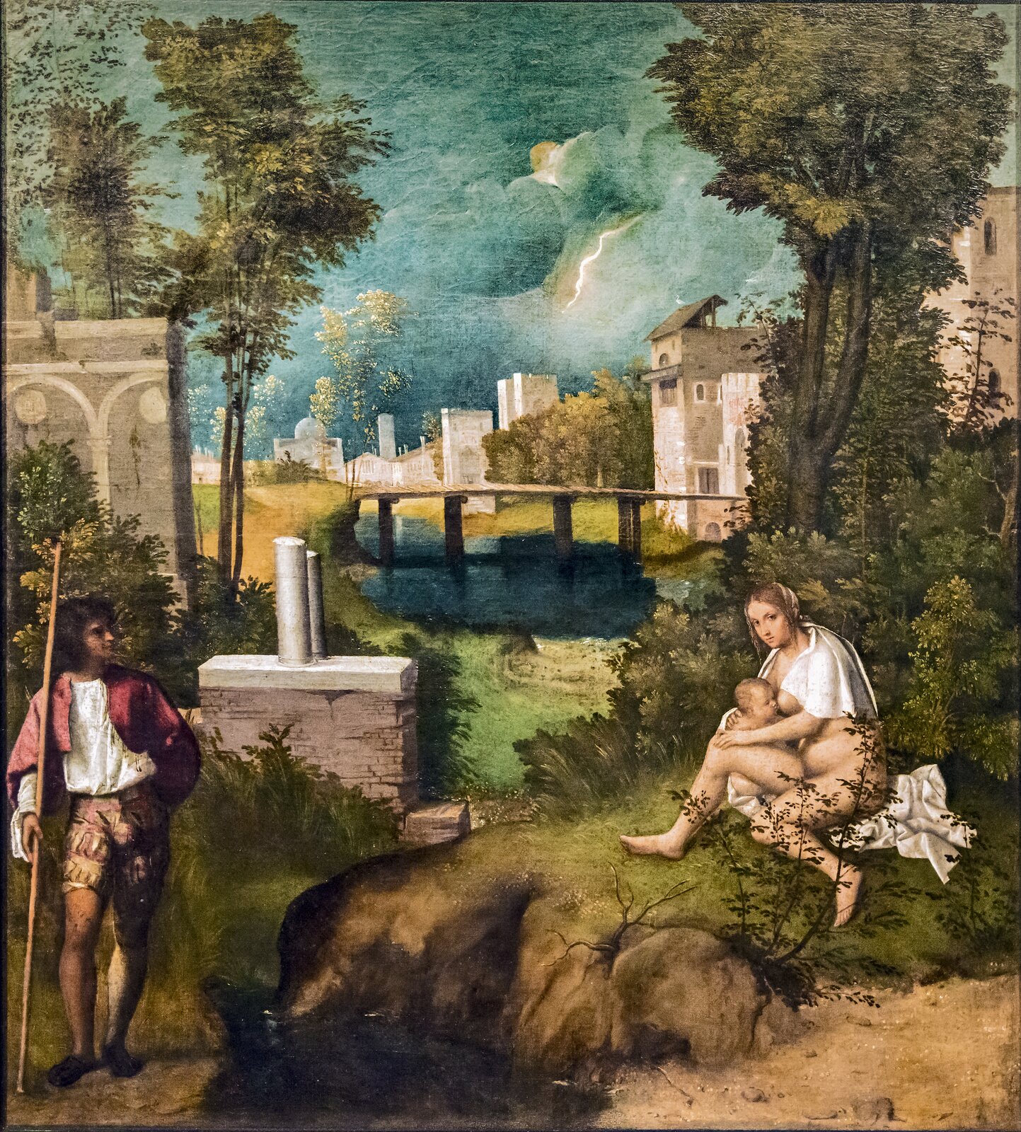 Ilustracja interaktywna o kształcie pionowego prostokąta przedstawia obraz Giorgione’a „Burza”. Ukazuje pejzaż z postaciami. Niebo jest ciemne, z kłębiącymi się, burzowymi chmurami. Po prawej stronie siedzi kobieta karmiąca piersią dziecko. Jest naga, ma na sobie tylko przerzuconą przez ramiona białą chustę. Twarz kieruje w stronę widza. Po lewej stronie stoi mężczyzna, który patrzy na karmiącą kobietę. Ubrany jest w białą koszulę i czerwoną pelerynę. Ma spodnie przed kolana, a w prawej ręce trzyma długi kij. Za nimi znajdują się architektoniczne ruiny w stylu antycznym, dalej rzeka z mostem, a w tle rozciąga się widok miejski.