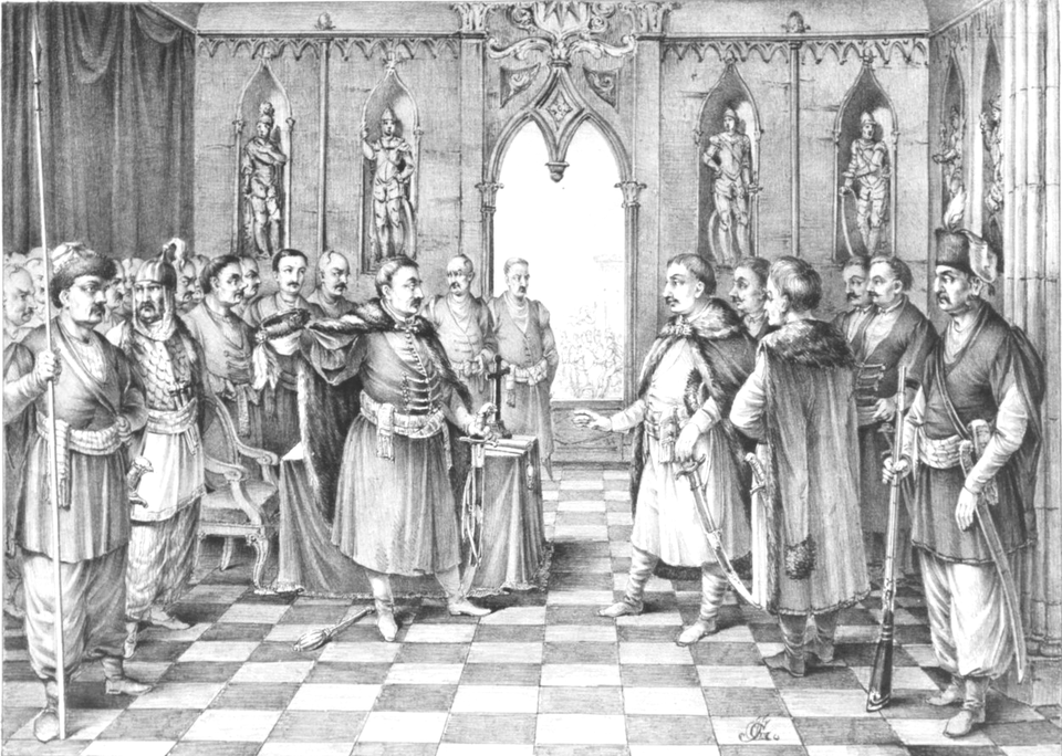 Zamość jako twierdza. Rozmowa posła Szmiarowskiego z hetmanem Chmielnickim w sprawie odstąpienia od oblężenia Zamościa w 1648 r. Grafika - Józef Hilary Głowacki (1789-1858). powstała ok. 1858 r. Zamość jako twierdza. Rozmowa posła Szmiarowskiego z hetmanem Chmielnickim w sprawie odstąpienia od oblężenia Zamościa w 1648 r. Grafika - Józef Hilary Głowacki (1789-1858). powstała ok. 1858 r. Źródło: Józef Hilary Głowacki, przed 1858, domena publiczna.