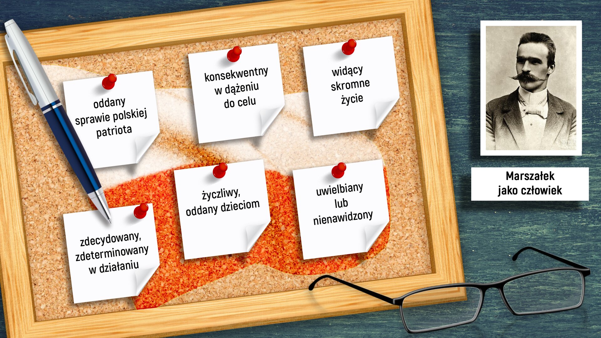 Na ekranie wyświetla się zdjęcie. Na niebieskim tle znajduje się tablica korkowa w jasnej sosnowej ramie. Do tablicy korkowej czerwonymi pinezkami przypiętych jest sześć kwadratowych kartek w dwóch rzędach. Kolejno w pierwszym rzędzie kartki zawierają napisy: „oddany sprawie polskiej patriota”, „konsekwentny w dążeniu do celu”, „wiodący skromne życie”. Kolejno kartki w drugim rzędzie zawierają następujące treści: „zdecydowany, zdeterminowany w działaniu”, „życzliwy, oddany dzieciom”, „uwielbiany lub znienawidzony”. W prawym dolnym rogu leżą okulary do czytania. Nad nimi znajduje się czarno-biała fotografia. Widać na niej mężczyznę, który ubrany jest w białą koszulę z wysokim kołnierzem i w marynarkę. Pod zdjęciem umieszczony napis: „Marszałek jako człowiek”.