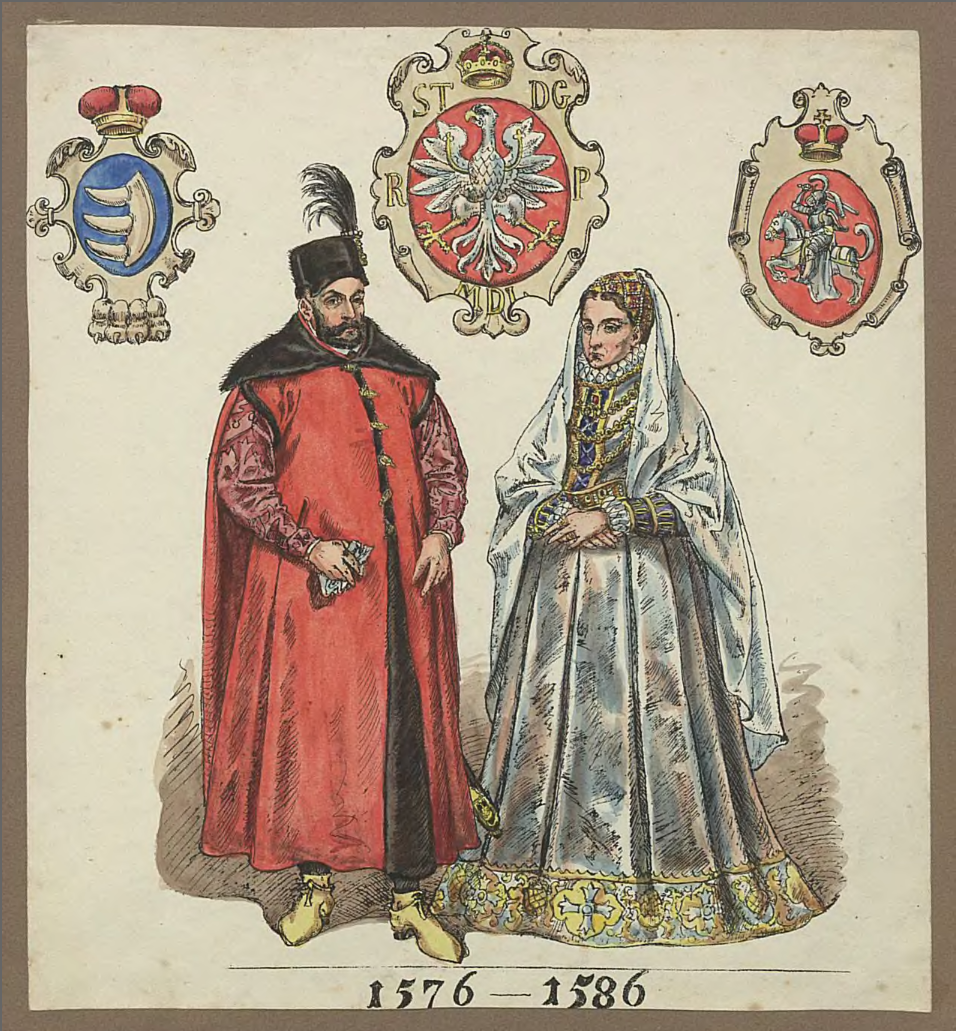 Stefan Batory i Anna Jagiellonka - rycina z: Jan Matejko, Ubiory w Polsce 1200-1795