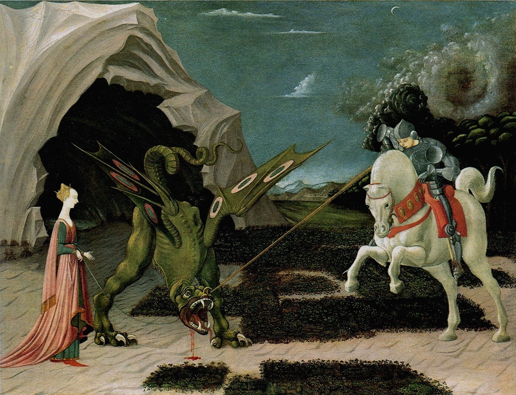 Święty Jerzy i smok Źródło: Paolo Uccello, Święty Jerzy i smok, 1455–1460, olej na płótnie., domena publiczna.