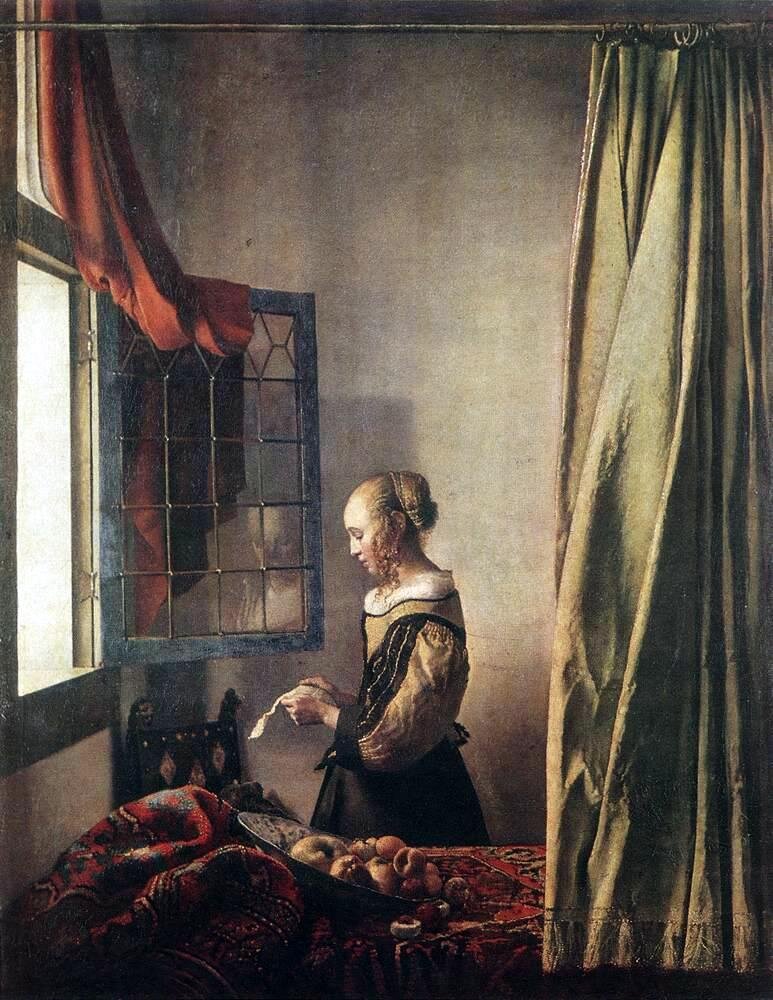 Dziewczyna czytająca list przy otwartym oknie Źródło: Jan Vermeer, Dziewczyna czytająca list przy otwartym oknie, ok. 1657, olej na płótnie, Gemäldegalerie Alte Meister – Staatliche Kunstsammlungen, Drezno, domena publiczna.