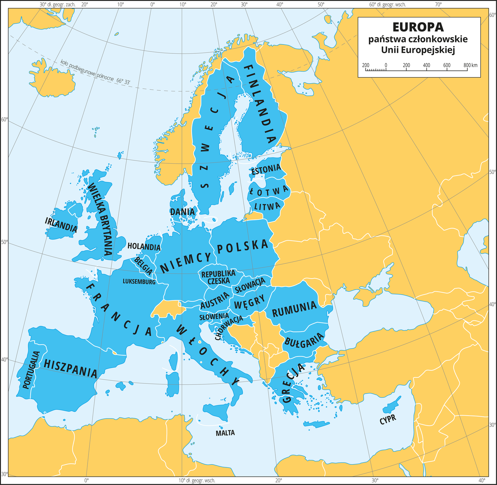 Ilustracja przedstawia mapę Europy. Wody zaznaczono kolorem lekko niebieskim. Na mapie kolorem niebieskim zaznaczono państwa członkowskie Unii Europejskiej i opisano ich nazwy. Są to: Irlandia, Wielka Brytania, Portugalia, Hiszpania, Francja, Luksemburg, Belgia, Holandia, Niemcy, Włochy, Słowenia, Chorwacja, Austria, Republika Czeska, Słowacja, Węgry, Rumunia, Bułgaria, Grecja, Dania, Szwecja, Finlandia, Polska, Litwa, Łotwa, Estonia, Malta, Cypr. Mapa pokryta jest równoleżnikami i południkami. Dookoła mapy w białej ramce opisano współrzędne geograficzne co dziesięć stopni.