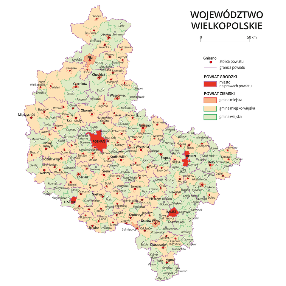 Mapa województwa wielkopolskiego. Na mapie fioletowymi liniami zaznaczono granice powiatów ziemskich, dużymi czerwonymi kropkami zaznaczono miasta będące stolicami powiatów. W obrębie powiatów ziemskich kolorami wyróżniono gminy miejskie, miejsko-wiejskie i wiejskie. Czerwonym kolorem wyróżniono powiaty grodzkie z miastami na prawach powiatu, miasta te opisano dużymi literami. Kolory i znaki użyte na mapie opisano w legendzie. W legendzie podziałka liniowa.