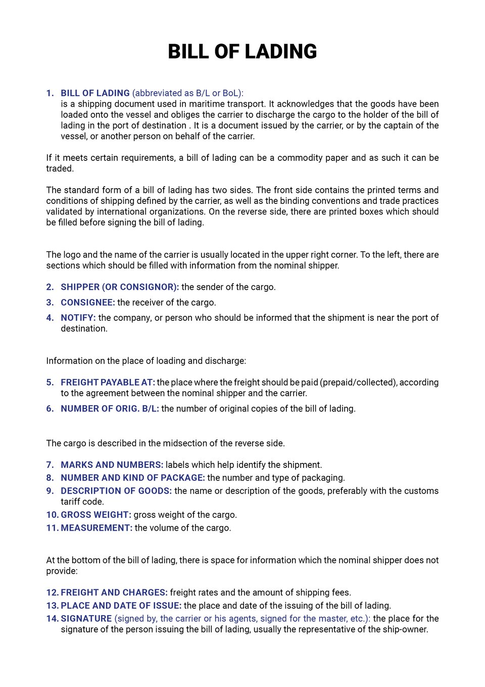 The document presents the key elements of a bill of lading and their explanations. Dokument przedstawia główne elementy konosamentu wraz wyjaśnieniami.