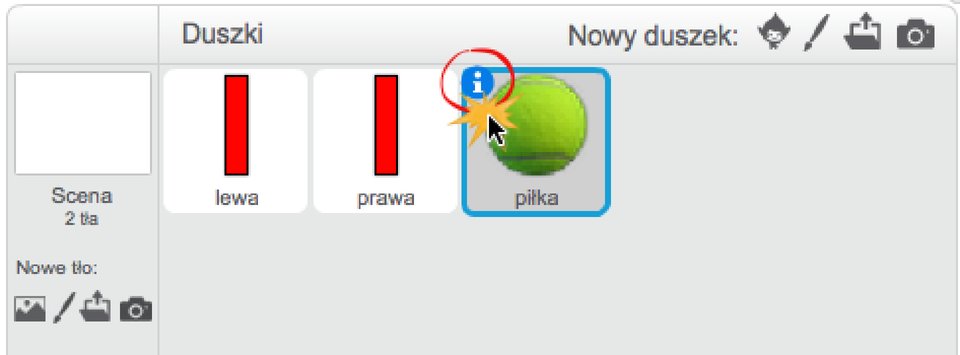 Zrzut fragmentu okna obszaru zarządzania duszkami z zaznaczonym symbolem: i
