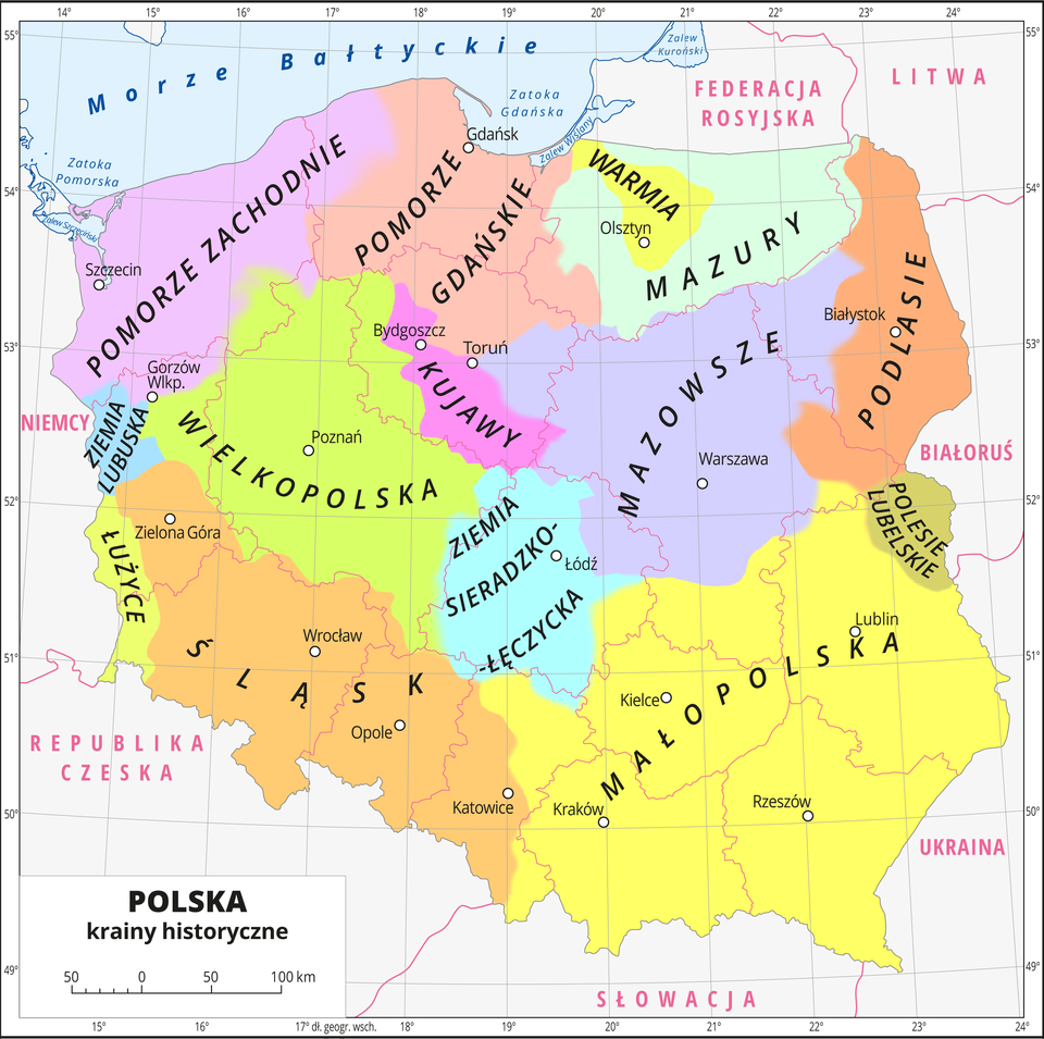 Mapa Polski prezentująca podział na krainy, które istniały w przeszłości.