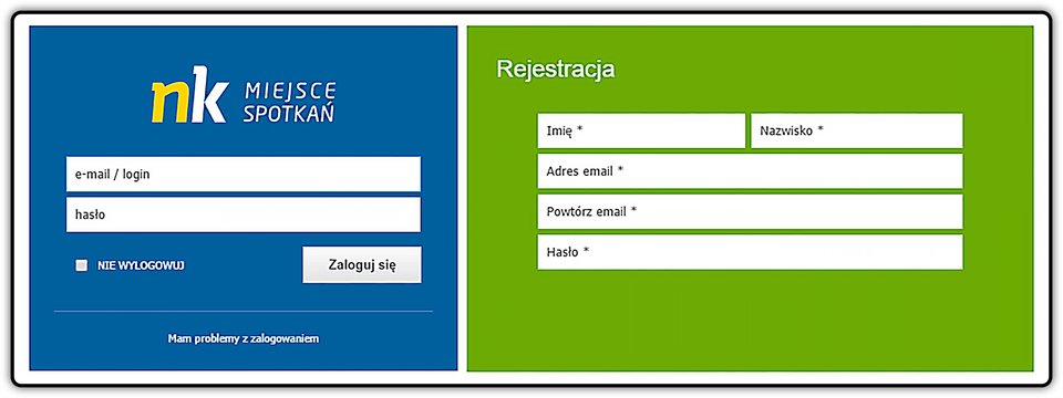 Zrzut okna logowania i rejestracji portalu społecznościowego nk