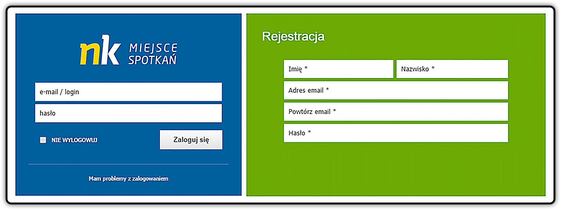 Zrzut okna logowania i rejestracji portalu społecznościowego nk