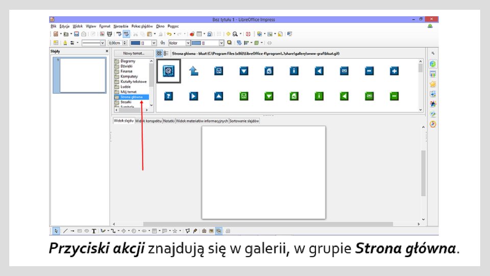 Zrzut okna programu LibreOffice Impress z galerią przycisków akcji