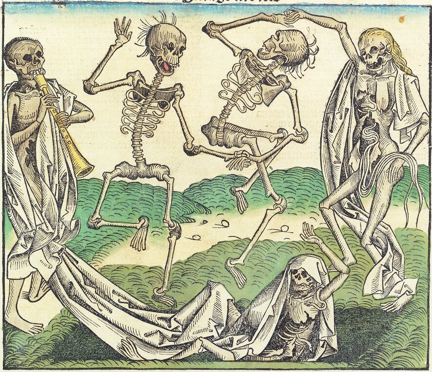 Ilustracja z Kroniki norymberskiej Jak myślisz, dlaczego przedstawione postaci grają na instrumentach i tańczą? Źródło: Ilustracja z Kroniki norymberskiej, 1493, domena publiczna.