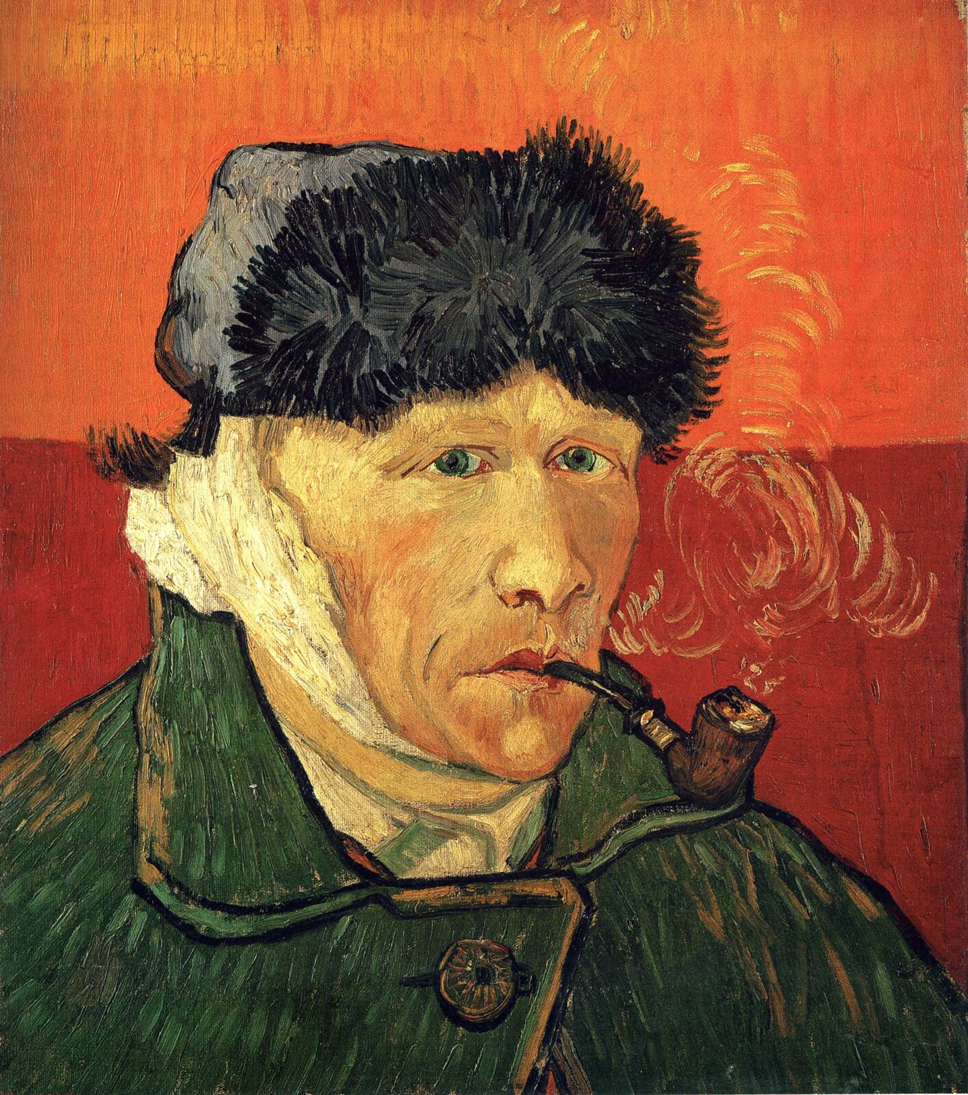 Vincent van Gogh, Autoportret z zabandażowanym uchem i fajką, 1889, Źródło: Wikipaintings.org, Vincent van Gogh, Autoportret z zabandażowanym uchem i fajką, 1889,, olej na płótnie, kolekcja prywatna, licencja: CC 0.