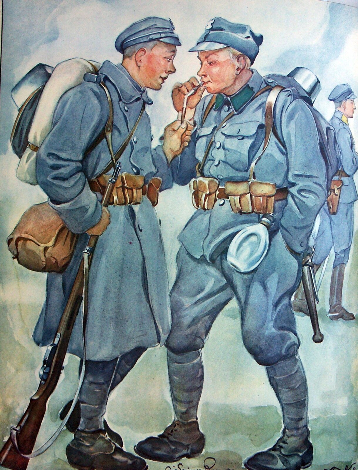 Legioniści 1914-1917 Od lewej: piechur I Brygady, piechur II Brygady, oficer żandarmerii. Źródło: Andrzej Nałęcz-Korzeniowski, Józef Ryszkiewicz, Legioniści 1914-1917, 1929, akwarela, domena publiczna.