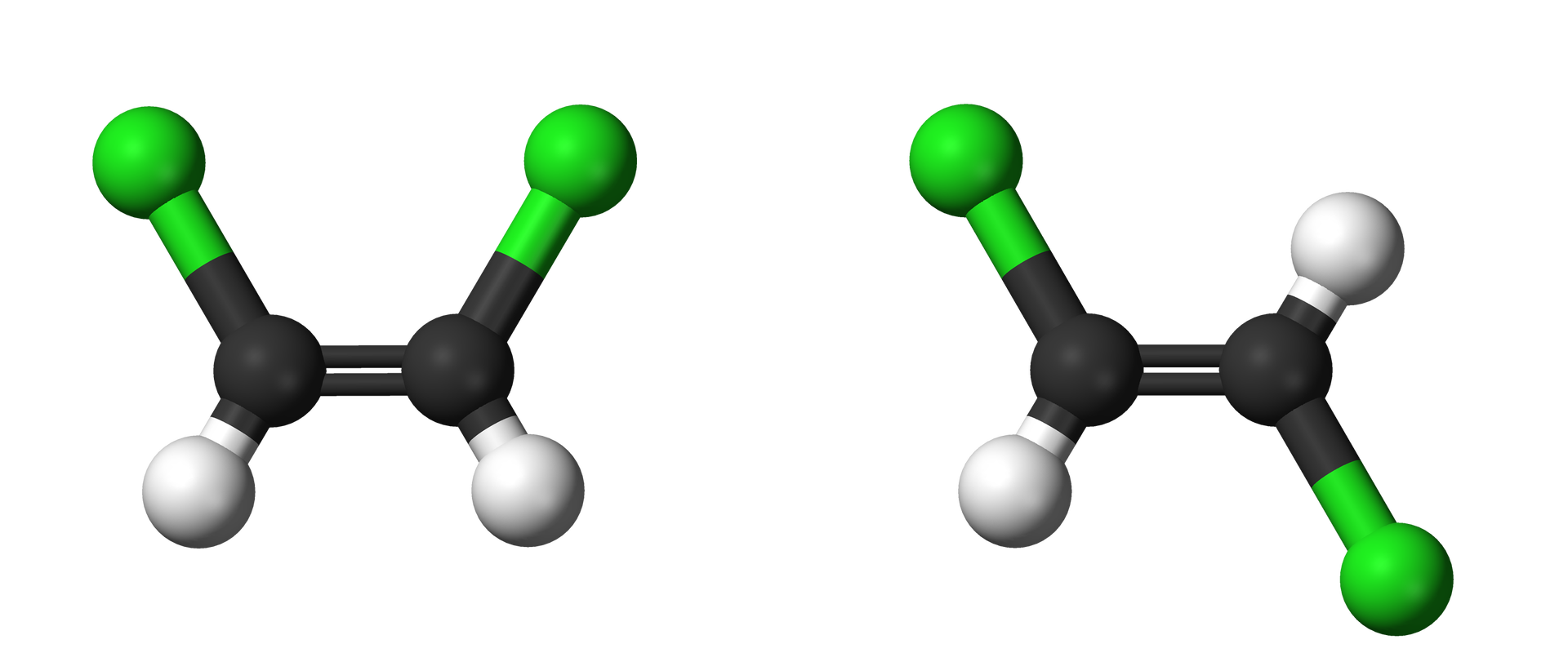 Na rysunku przedstawiono cis-1,2-dichloroeten, trans-1,2-dichloroeten. Cząsteczka cis-1,2-dichloroetenu składa się z dwóch atomów węgla połączonych ze sobą wiązaniem podwójnym oraz dwóch atomów chloru i dwóch atomów wodoru. Atomy węgla na rysunku ułożone są poziomo. Do atomów węgla za pomocą wiązań pojedynczych przyłączone są po jednym atomie wodoru i chloru. Atomy chloru znajdują się nad atomami węgla, a atomy wodoru pod atomami węgla.Cząsteczka trans-1,2-dichloroetenu składa się z dwóch atomów węgla połączonych ze sobą wiązaniem podwójnym oraz dwóch atomów chloru i dwóch atomów wodoru. Atomy węgla na rysunku ułożone są poziomo. Do atomów węgla za pomocą wiązań pojedynczych przyłączone są po jednym atomie wodoru i chloru. Atom chloru przyłączony do lewego atomu węgla znajduje się nad atomem węgla, a atom chloru przyłączony do prawego atomu węgla znajduje się pod atomem węgla.