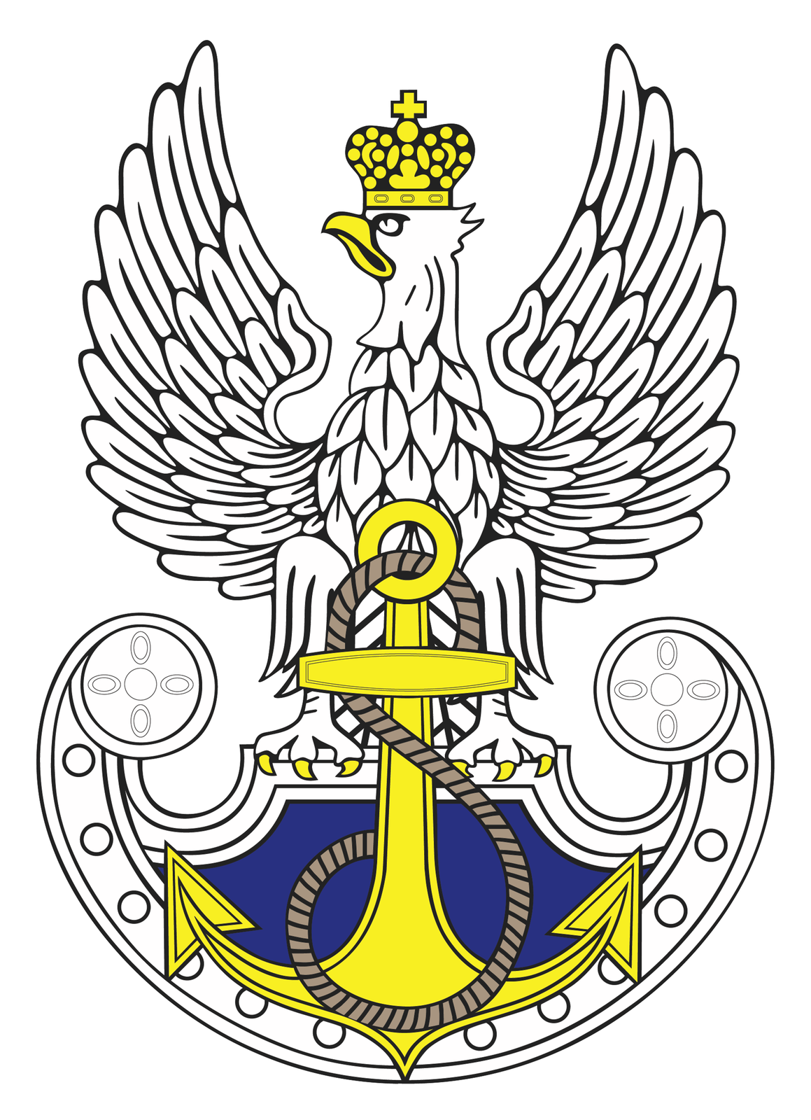 Ilustracja przedstawia symbol marynarki wojennej stylizowany na godło orła polskiego. Biały orzeł ze skrzydłami wzniesionymi ku górze. Głowa z żółtym dziobem skierowana w prawo. Na głowie żółta korona. Na szczycie korony krzyż równoramienny. Szpony orła zakończone żółtymi pazurami przytrzymują tarczę. Orzeł osadzony jest na tarczy amazonek. Tarcza zakończone półkoliście w dolnej części. Kształt tarczy tworzy formę półksiężyca ułożonego poziomo. Końce tarczy zaokrąglone. Wnętrze tarczy granatowe. Na powierzchni tarczy pionowo ustawiona żółta kotwica. Przez okrągły uchwyt, w górnej części kotwicy, przewleczona jest gruba lina. Lina zakręca się wokół kotwicy w dolnej części.