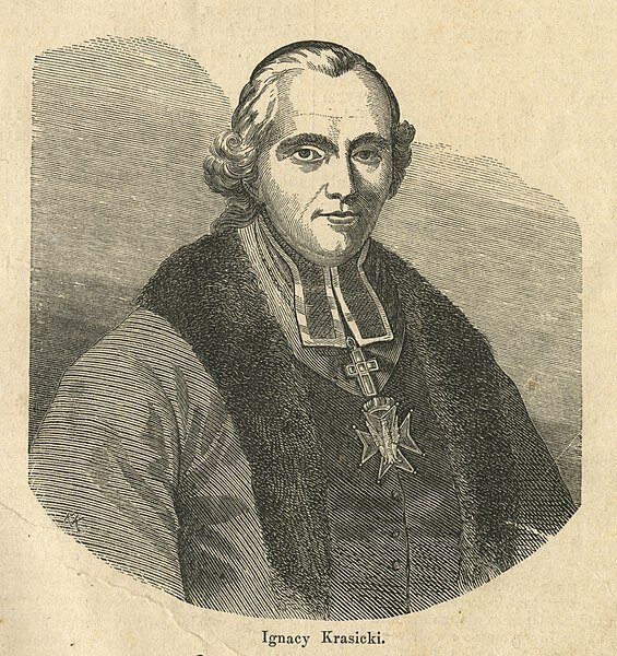Ilustracja przedstawia portret mężczyzny.Siedzi on na krześle jest ubrany w sutannę, na piersiach ma krzyż zawieszony na łańcuchu. Na głowie perukę z epoki. Jest to młody , tęgi mężczyzna.