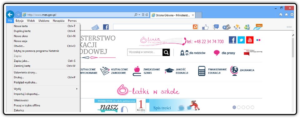 Zrzut fragmentu okna przeglądarki Internet Explorer z pokazanym menu Plik