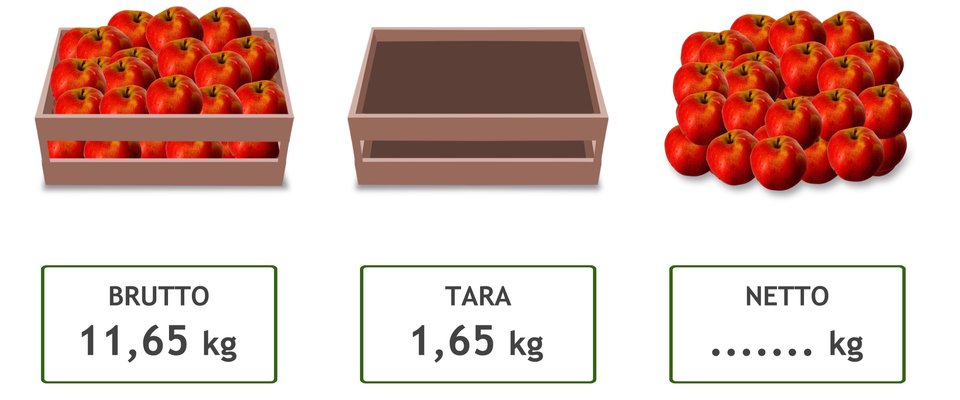Rysunek skrzynki z jabłkami (brutto – 11,65 kg), pustej skrzynki (tara – 1,65 kg) i samych jabłek (netto - … kg).