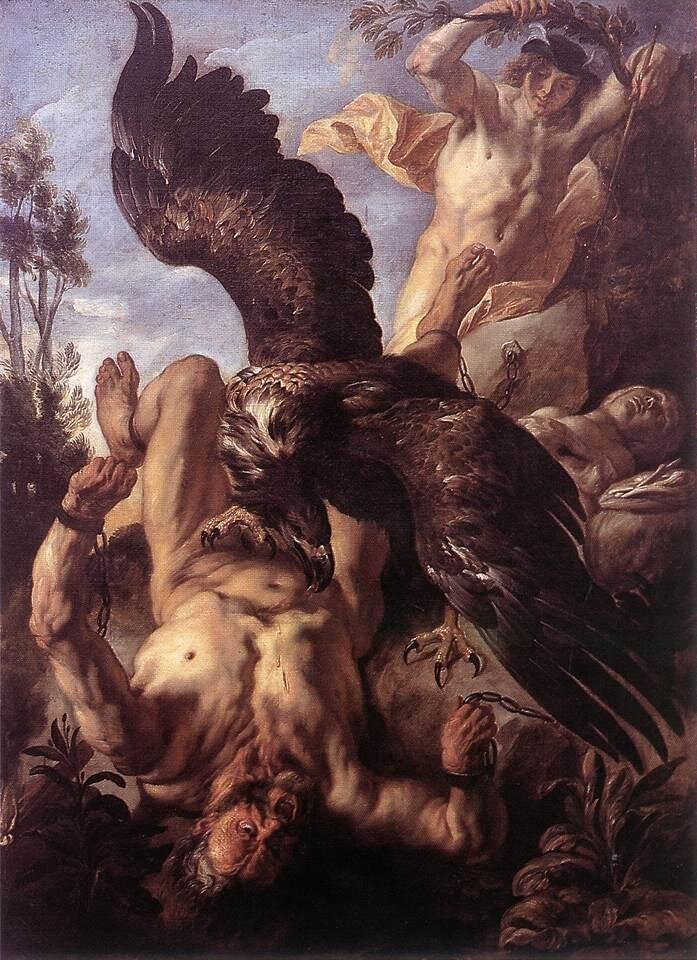 Orzeł pożerający wątrobę Prometeusza Źródło: Jacob Jordaens, Orzeł pożerający wątrobę Prometeusza, ok. 1640, olej na płótnie, Wallraf-Richartz-Museum, domena publiczna.