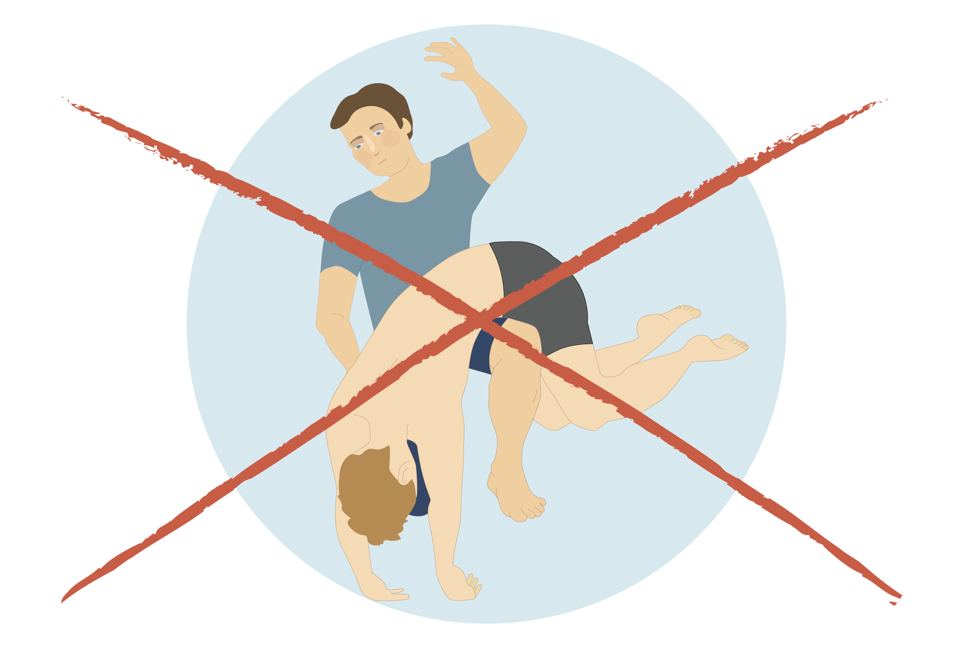 Ilustracja w kształcie koła. Mężczyzna klęczy na lewym kolanie. Na prawym leży osoba poszkodowana. Osoba poszkodowana jest „przewieszona” przez kolano mężczyzny. Głowa poszkodowanego zwieszona w dół. Ręce wyprostowane zwisają w dół wspierając się na podłożu. Klęczący mężczyzna lewą ręką przytrzymuje poszkodowanego. Prawa ręka uniesiona w górę, zgięta w łokciu. Cała ilustracja przekreślona dwoma skrzyżowanymi czerwonymi liniami.