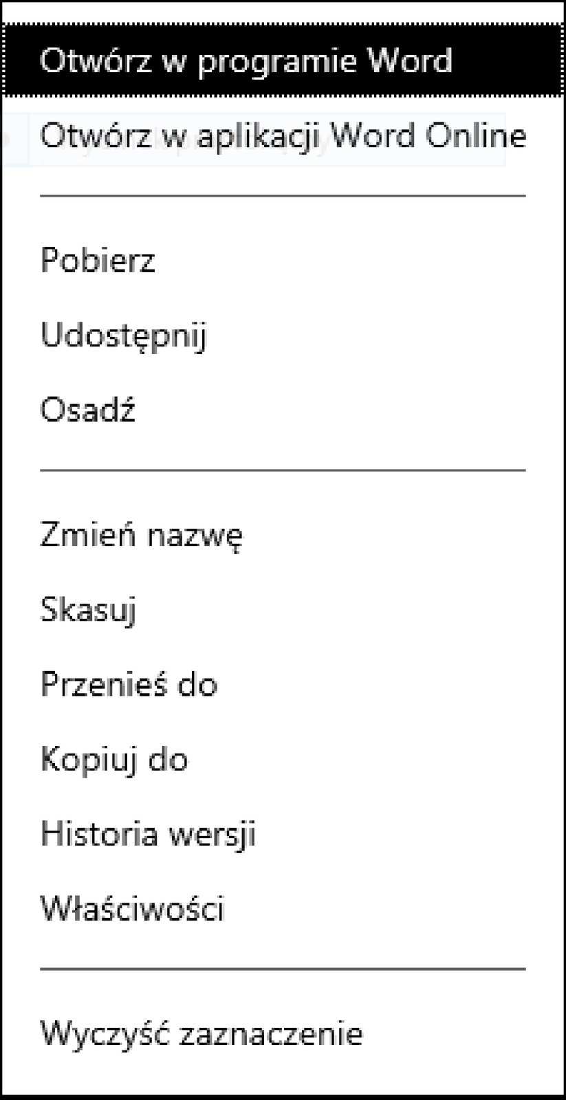 Zrzut okna menu kontekstowego
