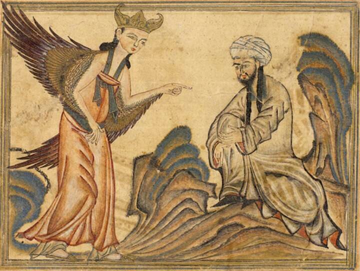 Mahomet pisze Koran pod dyktando Gabriela, ilustracja z XIV-wiecznej księgi perskiej Mahomet pisze Koran pod dyktando Gabriela, ilustracja z XIV-wiecznej księgi perskiej Źródło: Wikimedia Commons, licencja: CC 0.