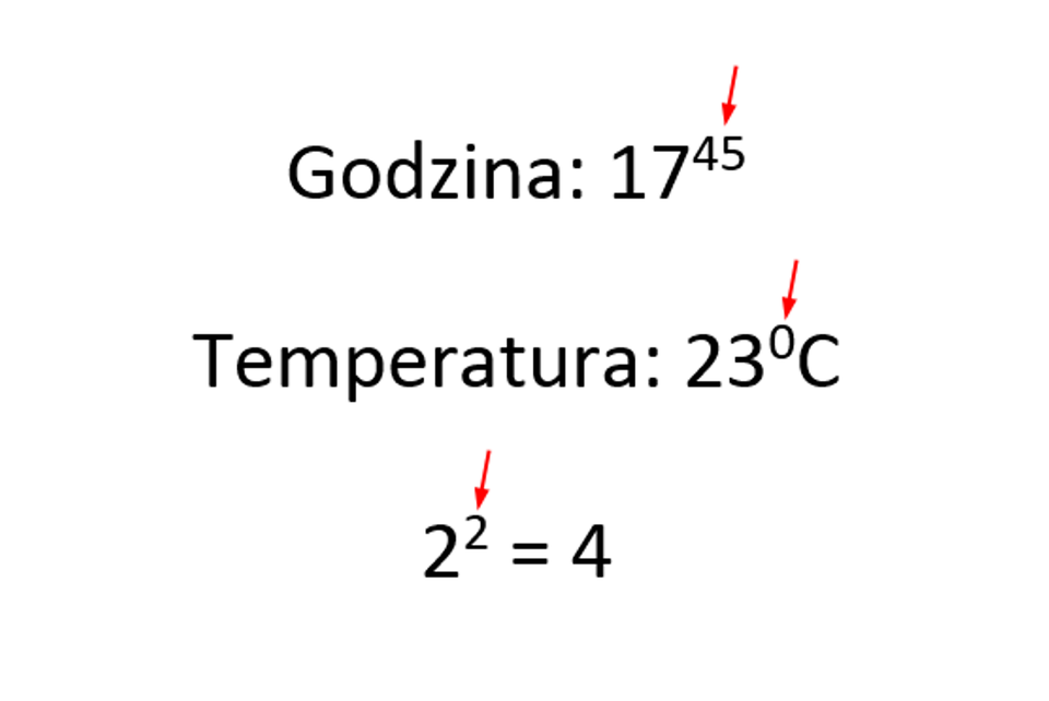 Zrzut dokumentu z pokazanymi przykładami wykorzystania indeksu górnego