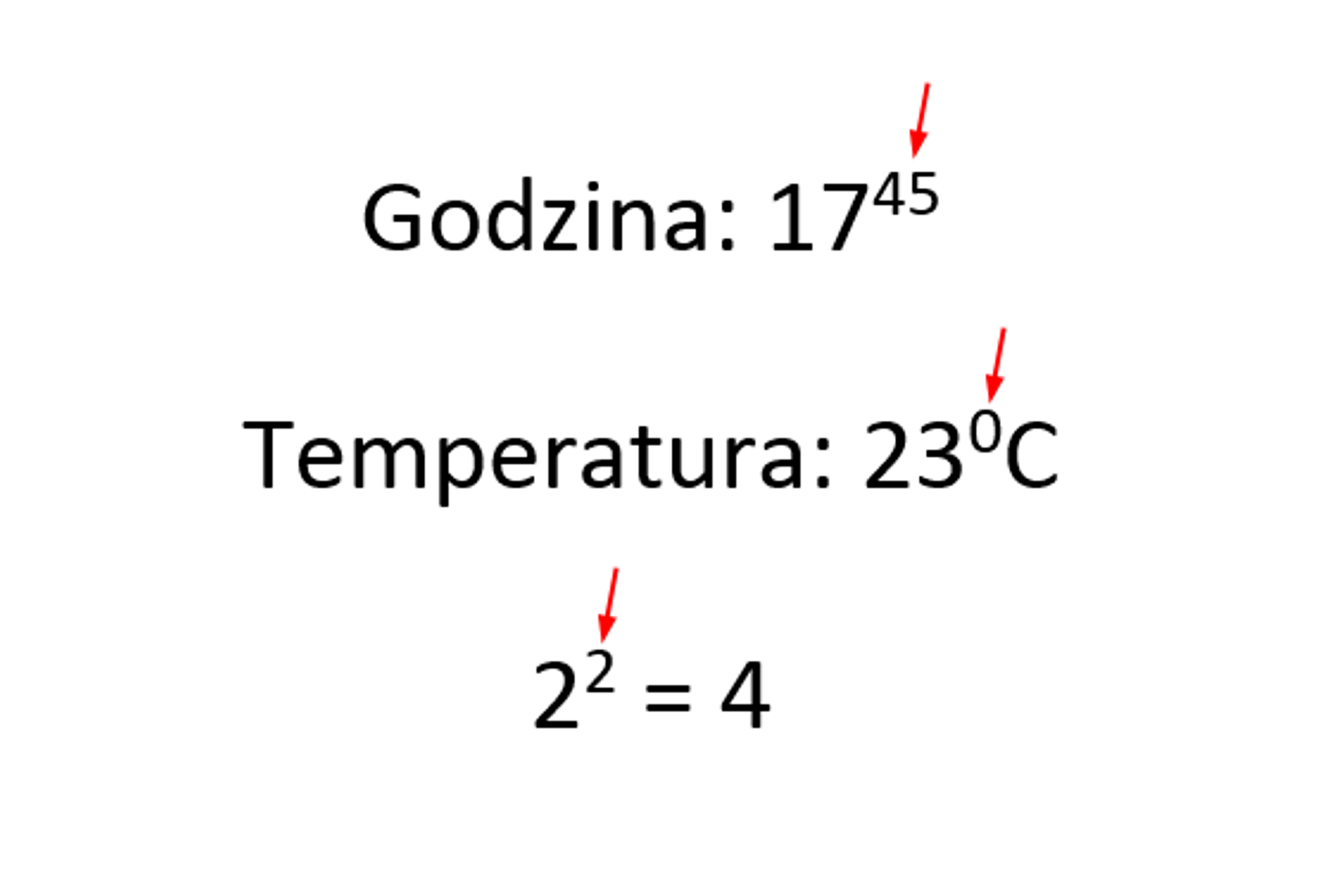 Zrzut dokumentu z pokazanymi przykładami wykorzystania indeksu górnego