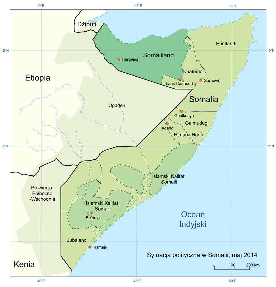 Na ilustracji mapa polityczna. Etiopia, Kenia, Somalia. Czarną linią oznaczone granice państw. Kolorem zielonym oznaczona Somalia. W granicach Somalii wydzielone ciemniejszym kolorami mniejsze terytoria. Na górze mapy Somaliland. Z prawej strony mapy Ocean Indyjski. W dolnym prawym rogu napis: sytuacja polityczna w Somalii, maj 2014.
