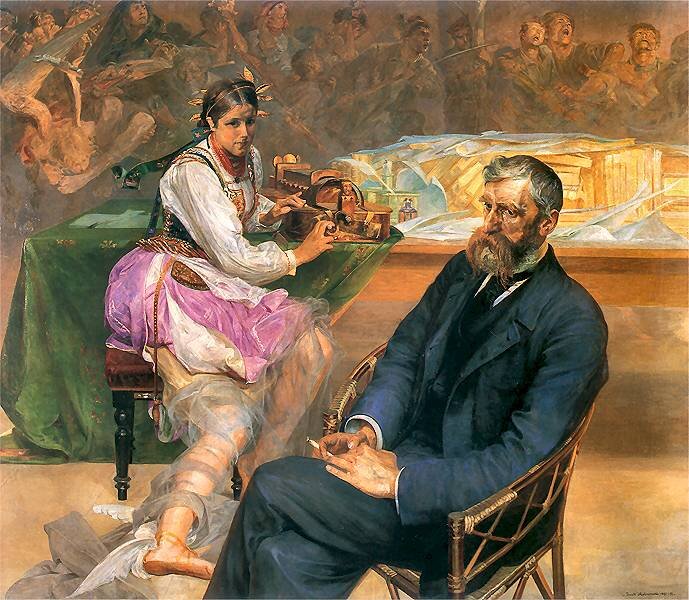 Portret Adama Asnyka z Muzą Źródło: Jacek Malczewski, Portret Adama Asnyka z Muzą, 1895–1897, olej na płótnie, Muzeum Narodowe w Poznaniu, domena publiczna.
