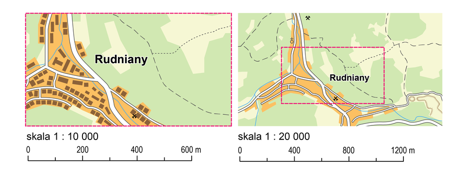 Dwie ilustracje przedstawiają tę samą miejscowość na mapach wykonanych w różnych skalach. Pierwsza ilustracja od lewej strony przedstawia mapę miejscowości Rudniany wykonaną w skali jeden do dziesięciu tysięcy. Na mapie zaznaczone są ulice (kolorem białym) oraz położone wzdłuż nich budynki (zaznaczone kolorem brązowym). Druga ilustracja przedstawia mapę tej samej miejscowości wykonaną w skali jeden do dwudziestu tysięcy. Mapa pokazuje miejscowość, której obszar zaznaczono czerwoną ramką oraz okoliczne tereny (poza ramką). Na mapie nie widać budynków, jedynie brązowy kolor, który je cechuje. Zaznaczony jest on wzdłuż białych linii, które oznaczają drogi. Mapa, która wykonana jest w mniejszej skali pokazuje mniej szczegółów.