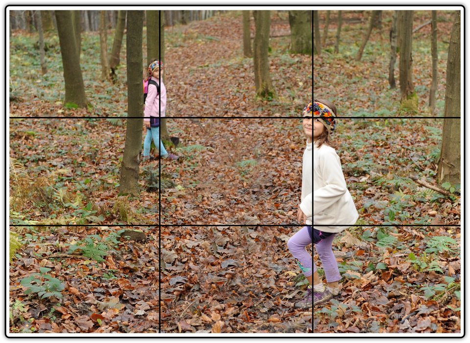 Fotografia przedstawiająca dzieci w lesie z pokazanym trójpodziałem kadru